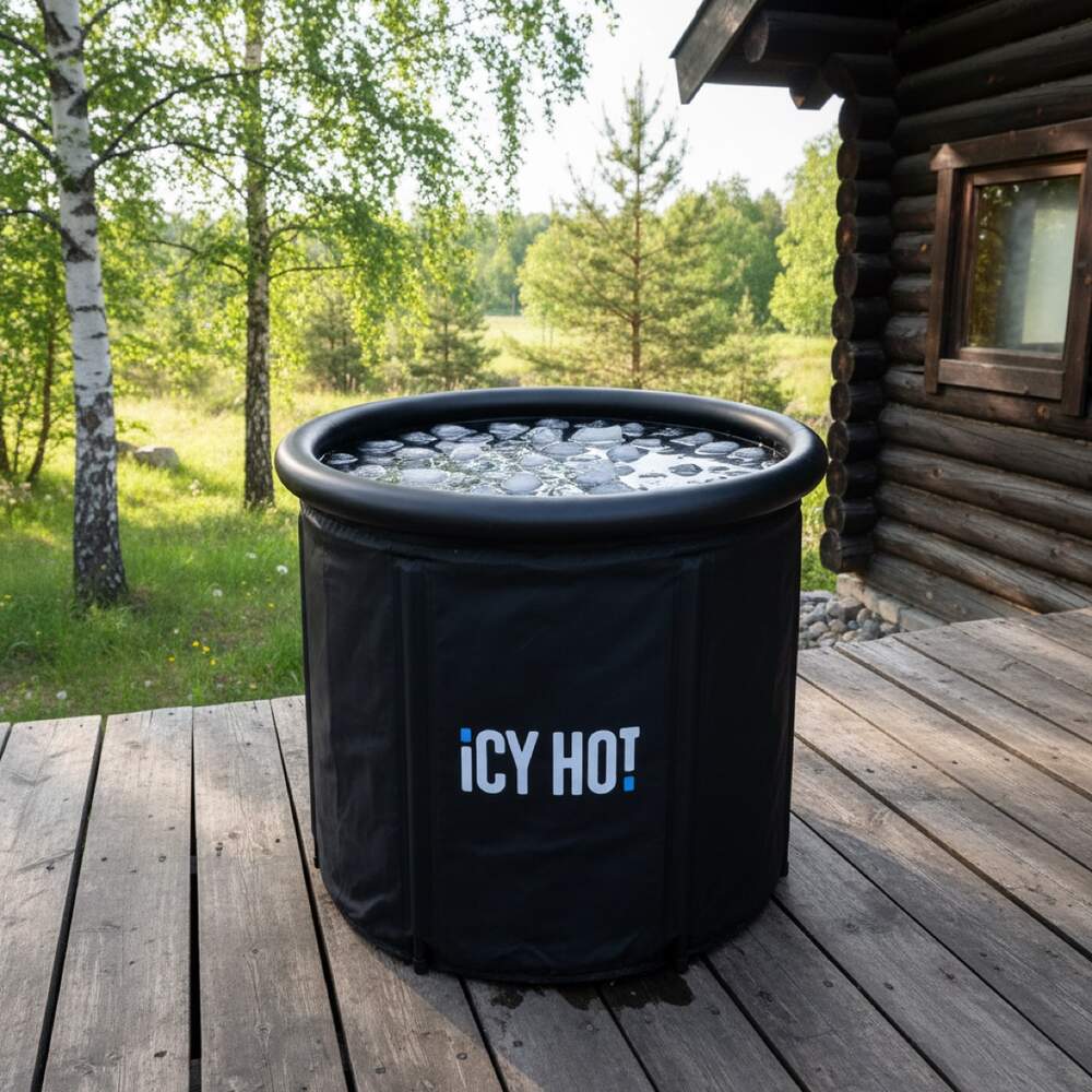 Складная купель IcyHot с ледяной водой на террасе загородного дома