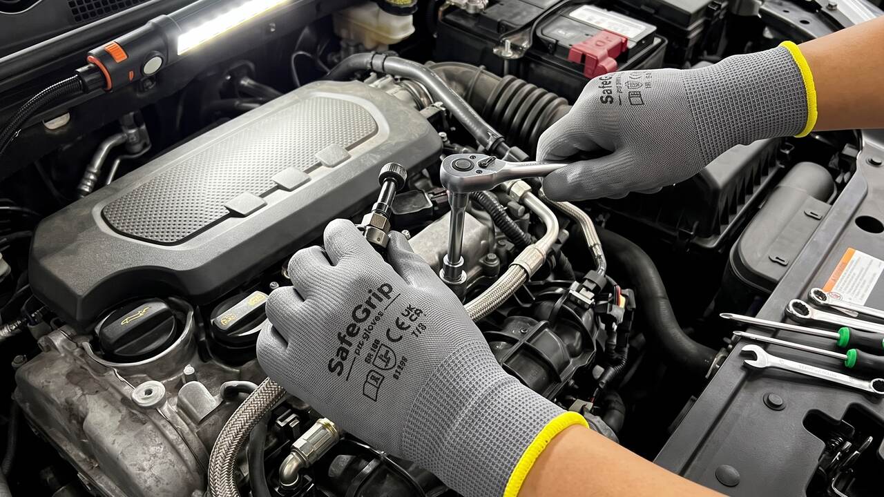Руки в серых перчатках SafeGrip с полиуретановым покрытием ладони собирают узел в моторном отсеке