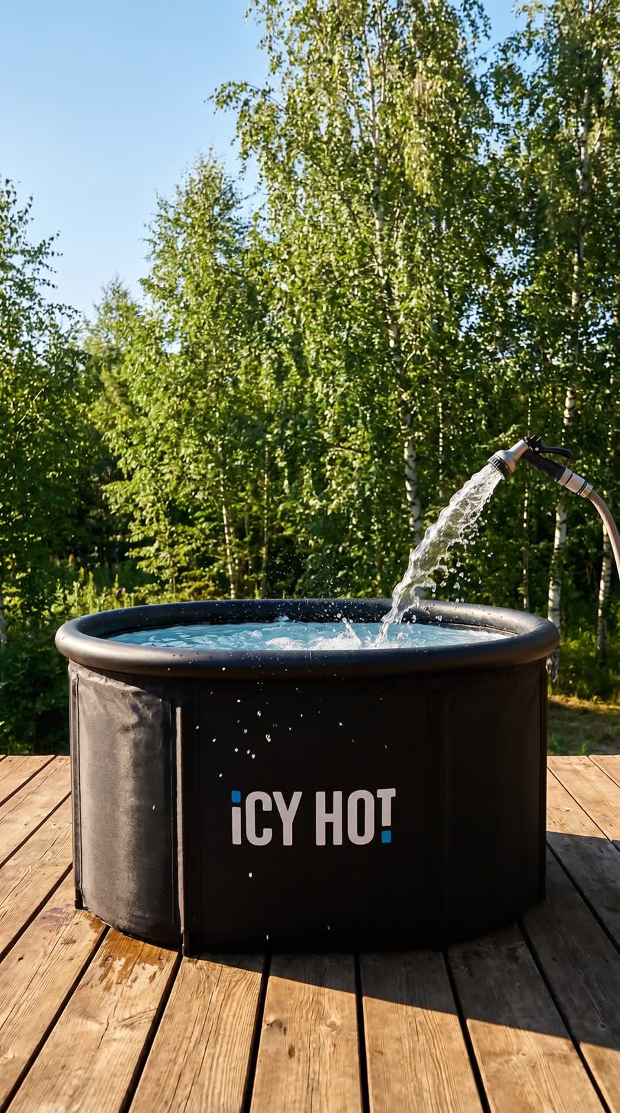 Наполнение складной ледяной ванны IcyHot на террасе загородного дома перед сессией погружения